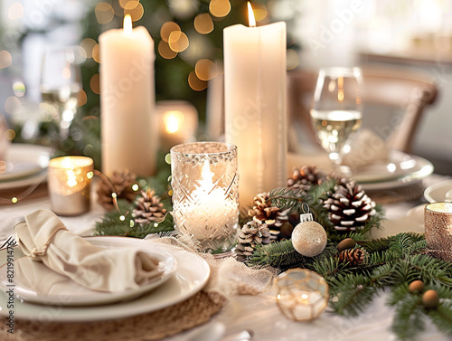 Elegant holiday table adorned with candles and decorative elements for a festive dining experience.