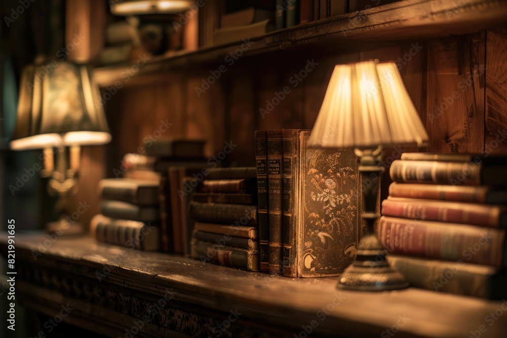 Old wooden shelf filled with antique books. Old wooden shelf filled with antique books.