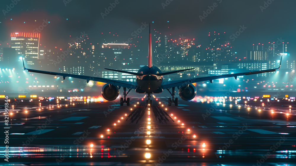 A jet plane is on the runway in front of a city. The plane is illuminated by lights, giving it a sense of motion and excitement. The city in the background adds to the feeling of a bustling A jet plane is on the runway in front of a city. The plane is illuminated by lights, giving it a sense of motion and excitement. The city in the background adds to the feeling of a bustling