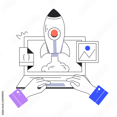 Handy linear mini illustration of software startup 