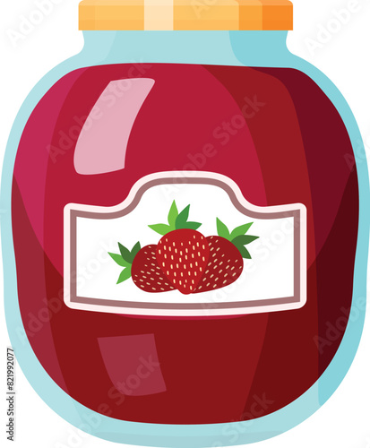 Colorful vector illustration of homemade strawberry jam in a glass jar, sweet and delicious fruit preserve, perfect for breakfast or dessert, sealed and labeled, isolated on white background