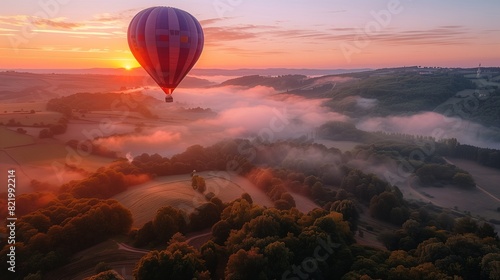 A deep plum hot air balloon rising at sunrise over a misty valley, peaceful and expansive copy space in the sky