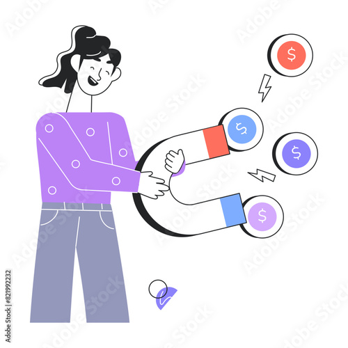 Premium line style mini illustration of money attraction 