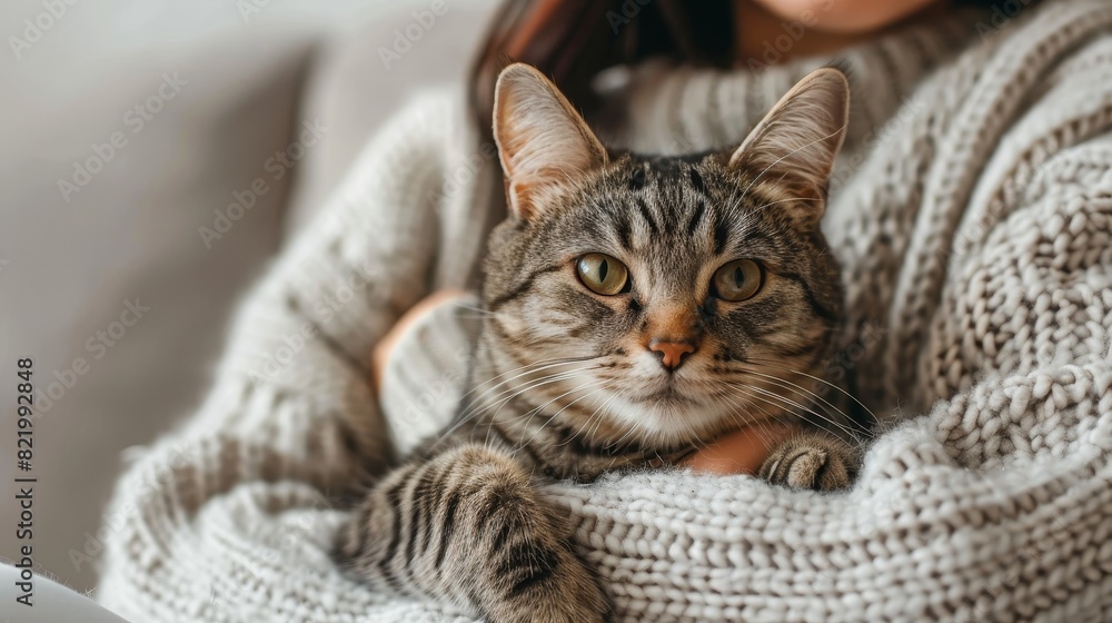 Adorable feline showing affection while snuggling with its owner on the comfortable living room sofa Adorable feline showing affection while snuggling with its owner on the comfortable living room sofa