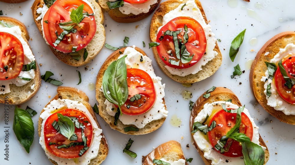 Crispy toasted bread slices topped with ripe tomatoes, creamy cheese, a drizzle of olive oil, and fragrant basil. A classic Italian appetizer on a white marble background. Crispy toasted bread slices topped with ripe tomatoes, creamy cheese, a drizzle of olive oil, and fragrant basil. A classic Italian appetizer on a white marble background.
