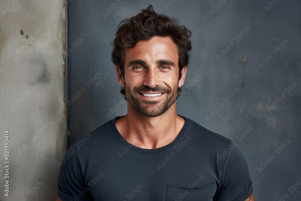 Portrait of a tender man in his 30s smiling at the camera over bare concrete or plaster wall
