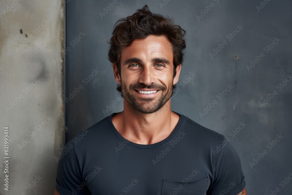 Portrait of a tender man in his 30s smiling at the camera over bare concrete or plaster wall Portrait of a tender man in his 30s smiling at the camera over bare concrete or plaster wall