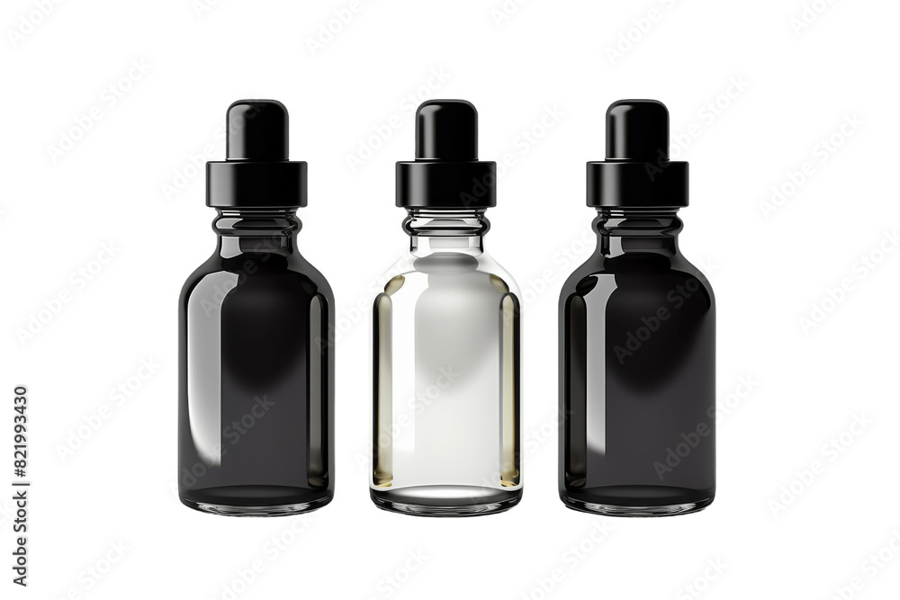 Trio of Elegant Glass Bottles With Mysterious Black Caps on a Clear PNG or White Background. Trio of Elegant Glass Bottles With Mysterious Black Caps on a Clear PNG or White Background.