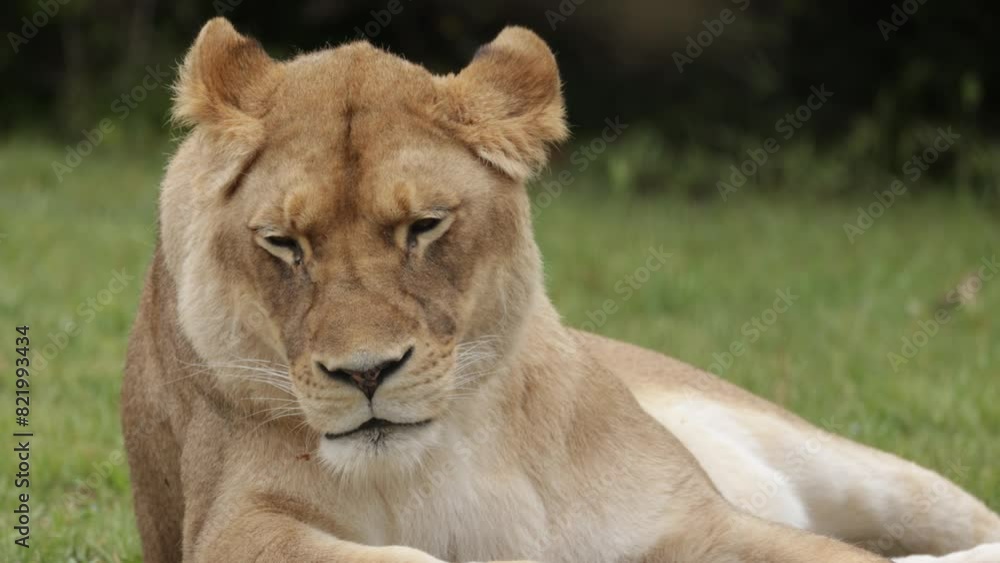 lionne allongée dans l'herbe, en gros plan. lionne allongée dans l'herbe, en gros plan.