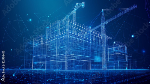 A blue building with a crane in the background. The building is made of lines and dots, giving it a futuristic appearance