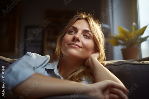 Portrait of woman lying on the couch at home thinking