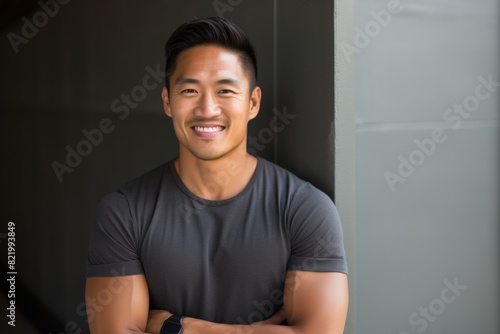 Portrait of a grinning asian man in his 30s smiling at the camera while standing against bare concrete or plaster wall