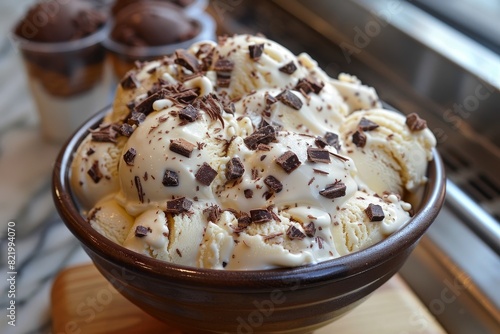 Stracciatella Gelato: Creamy gelato with fine chocolate shavings throughout, served in a bowl or cone. 