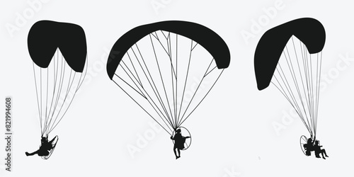 Paramotor set silhouette. Extreme sport. Isolated on white background. Vector illustration.