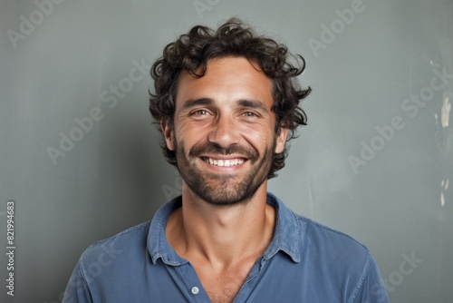 Portrait of a cheerful man in his 30s smiling at the camera in front of bare concrete or plaster wall