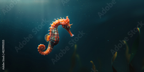 the seahorse swimming underwater  clear ocean water seabed  copy space for text