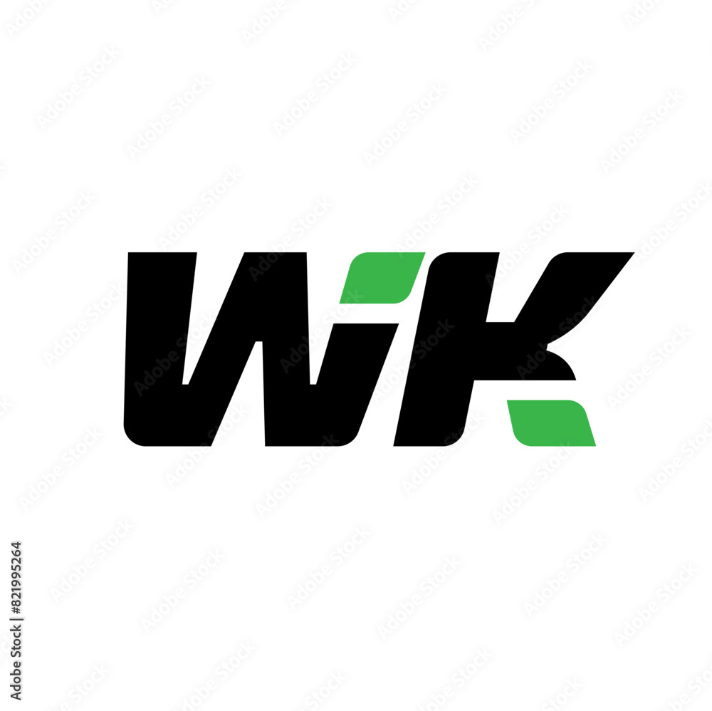WK brand name initial letters monogram with green leaf. Art work WK brand name initial letters monogram with green leaf. Art work