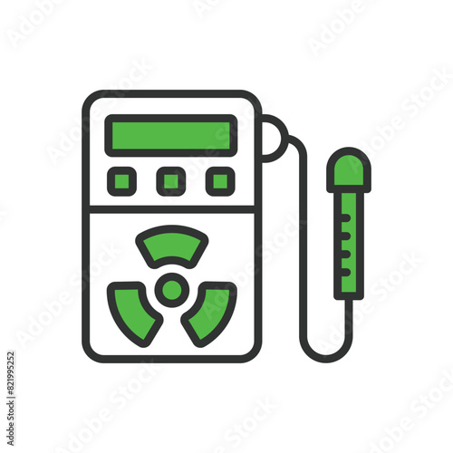 Radiation dosimeter, in line design, green. Radiation, Dosimeter, Measurement, Safety, Device, Monitor, Nuclear, on white background vector. Radiation dosimeter editable stroke icon.