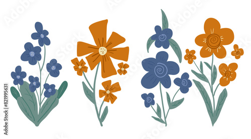 Retro flowers composition isolated on white background. blue wild flower. Vintage botanic. Vector hand drawn illustration.