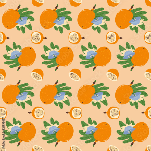Granadilla half and whole fruit seamless pattern. Tropical fruits and leaves endless background. Yellow passion fruit repeat cover. Exotic sweet grenadia loop ornament. Vector illustration.