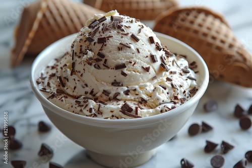 Stracciatella Gelato: Creamy gelato with fine chocolate shavings throughout, served in a bowl or cone. 