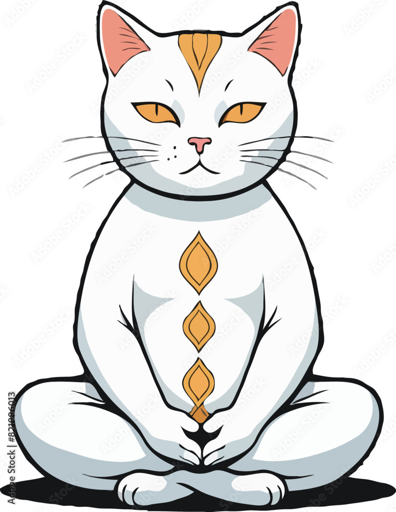 Serene meditation cat assumes the lotus position on the floor, gazing upwards with tranquility Serene meditation cat assumes the lotus position on the floor, gazing upwards with tranquility