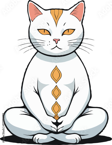 Serene meditation cat assumes the lotus position on the floor, gazing upwards with tranquility
