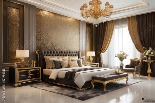 Royal luxury bedroom interior design  modern hazelnut color and golden interior design  luxurious bedroom design of a king palace  home decor photo realistic background