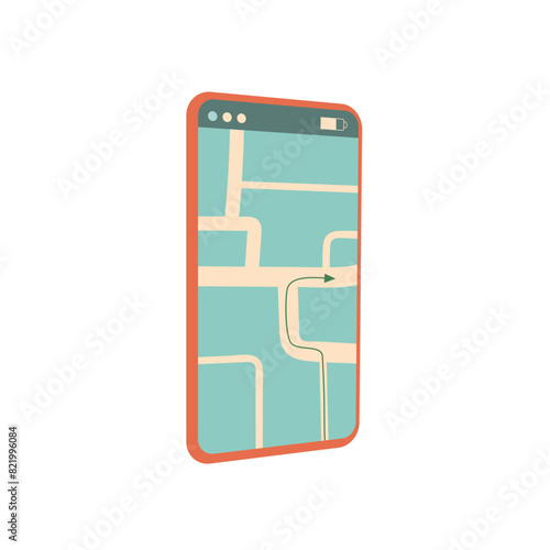 Mobile phone with navigation app isolated on white background. Map in cellphone device. Vector illustration.