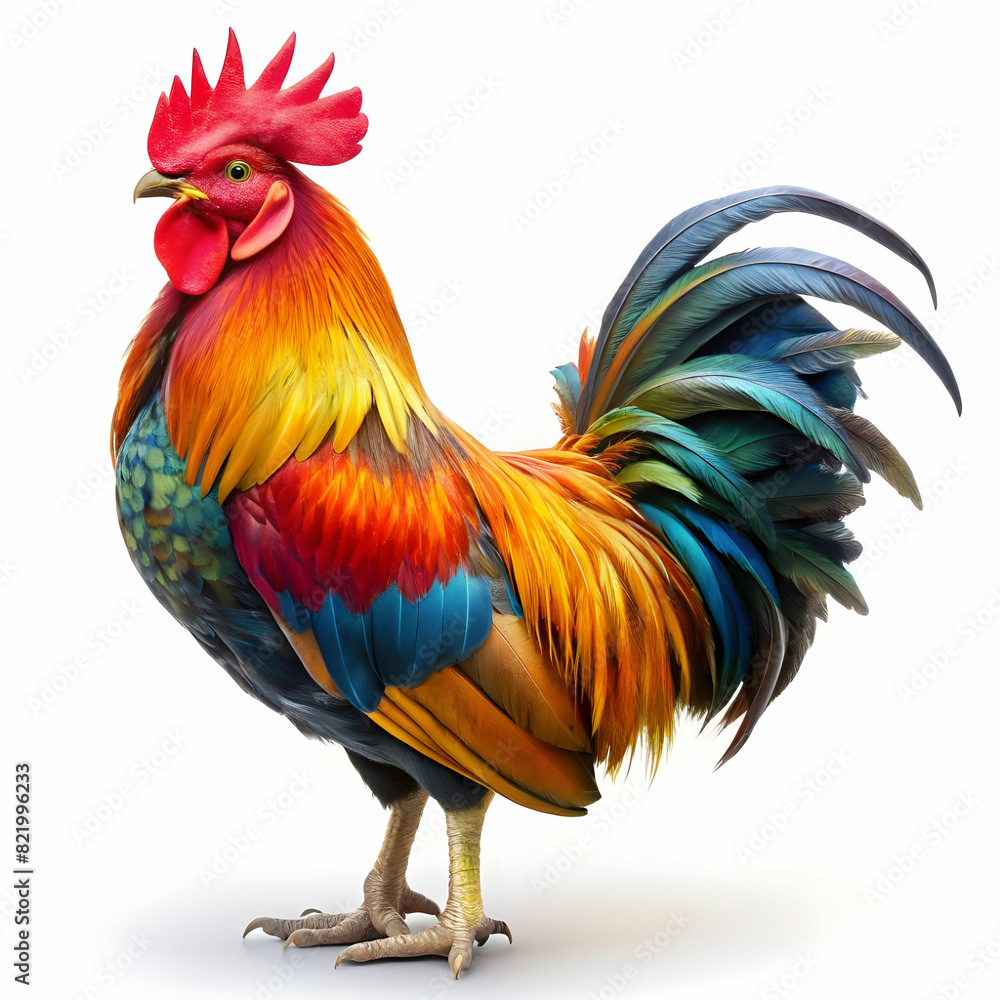 a vibrant colors rooster white background
