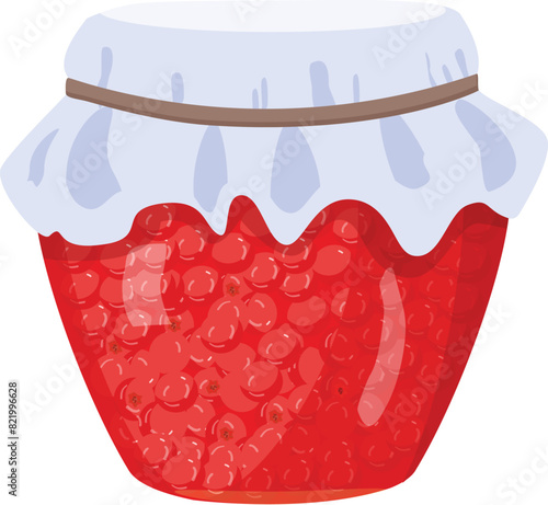 Digital illustration of a vibrant red raspberry jam in a glass jar with a fabric cover