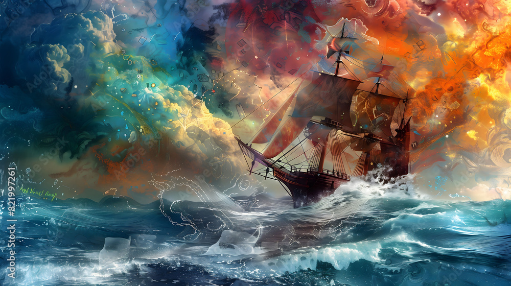 Abstract art illustration of pirate ship floating on the sea. Abstract art illustration of pirate ship floating on the sea.