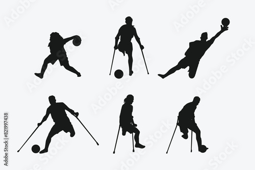 Silhouettes illustration of Amputee football player. Disabled athletes with different action, pose. Isolated on white background. Graphic vector.