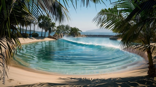 A wave pool with clear water  sandy shores  and palm trees creates a perfect beach-like oasis.