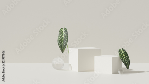 Background white 3d rendering natural backdrop and leaf anthurium warocqueanum with bright lighting for showcasing cosmetic products in landscape