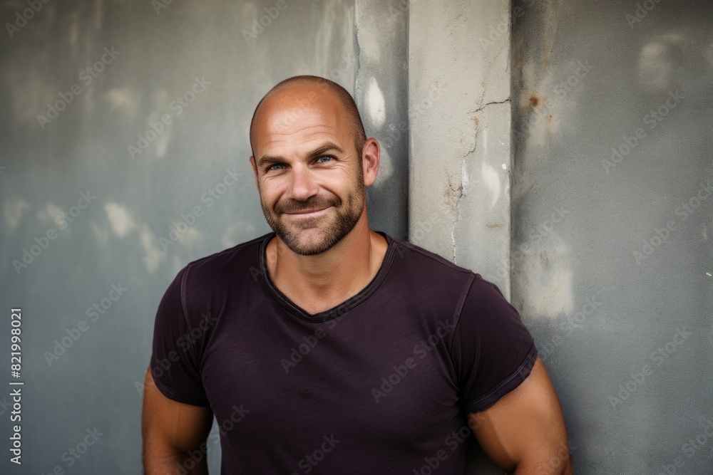 Portrait of a grinning man in his 40s smiling at the camera in front of bare concrete or plaster wall