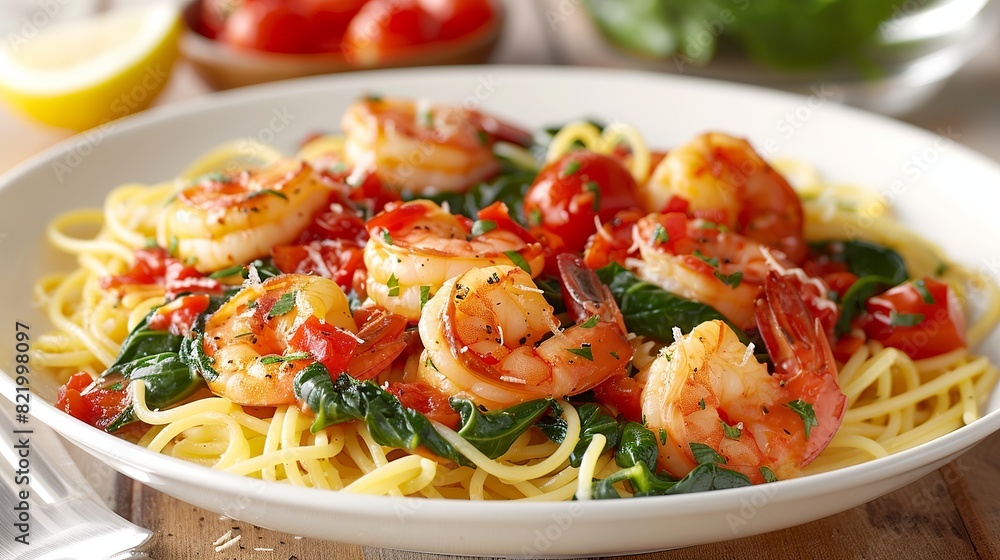 Enjoy a classic Italian seafood dish of spaghetti topped with succulent shrimp, juicy tomatoes, aromatic garlic, vibrant spinach, and a refreshing squeeze of lemon.