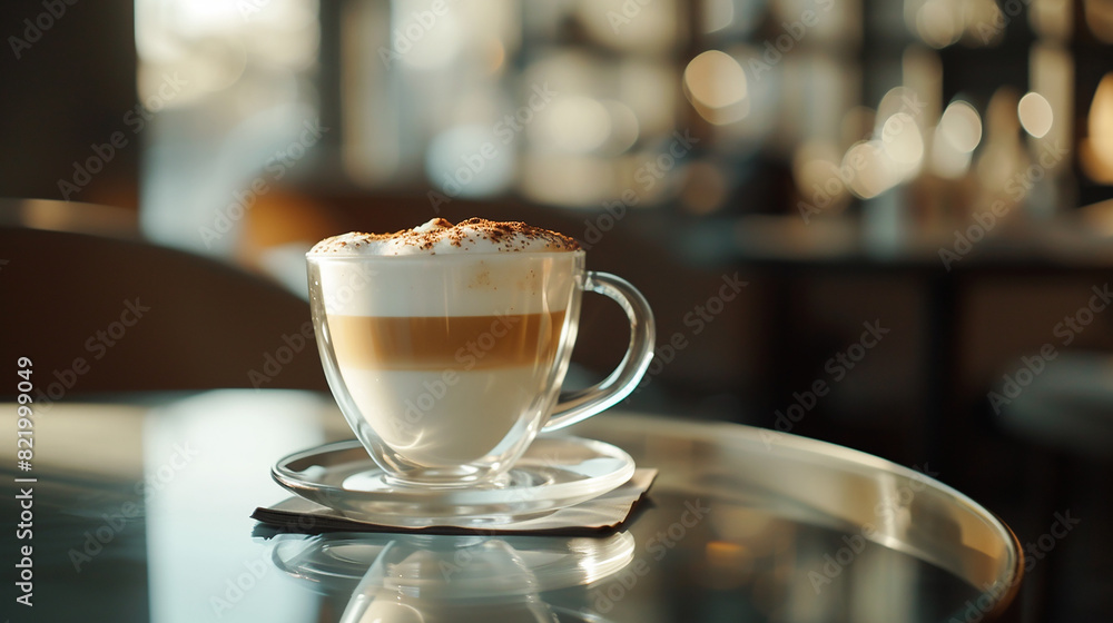 Hot cappuccino, freshly brewed, placed on a glass table. Its foam enticingly tempts and encourages him to drink. The scene is captured from an angled top-down perspective. Cozy and warm ambiance Hot cappuccino, freshly brewed, placed on a glass table. Its foam enticingly tempts and encourages him to drink. The scene is captured from an angled top-down perspective. Cozy and warm ambiance