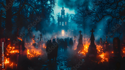 A Halloween night scene with mummies walking through a foggy graveyard  illuminated by eerie lighting