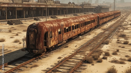 An abandoned rusty train stands still in a vast desert landscape, with dilapidated buildings under a clear sky. photo