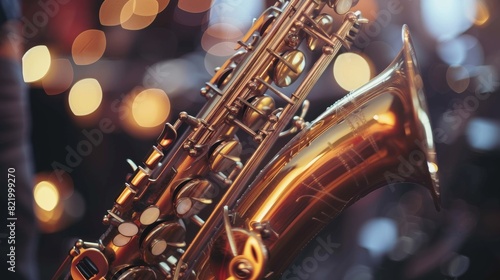 A close up of a gold colored saxophone