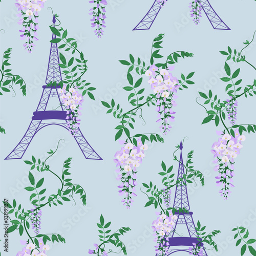 Seamless beautiful vector illustration of a stylized Eiffel tower and wisteria