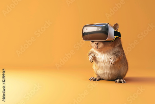 A small rodent is experiencing virtual reality with a headset on its head, fully immersed in a digital world.