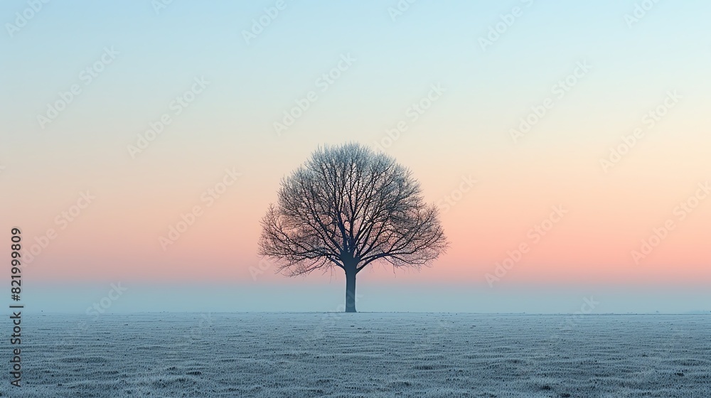 Generate a high-quality image of a tree with blue sky and pink sunset. Make the tree look lonely. Generate a high-quality image of a tree with blue sky and pink sunset. Make the tree look lonely.