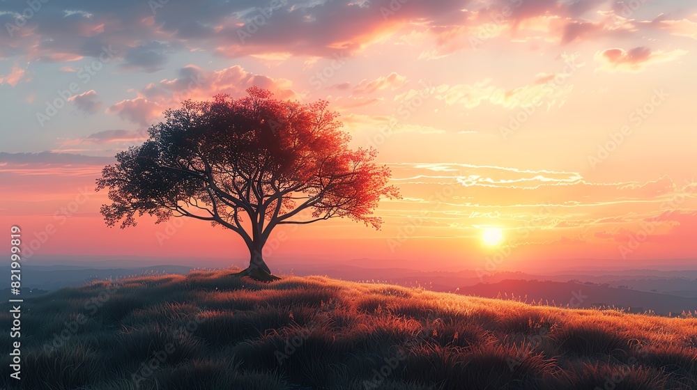 Obraz premium A beautiful sunset over a lonely tree on a hill