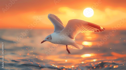 A seagull soars above the ocean waves at sunset. The warm colors of the sky and water reflect the beauty of the natural world.