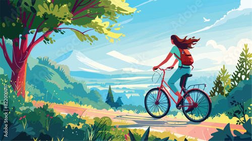 Young woman riding bicycle on mountain highway. vector