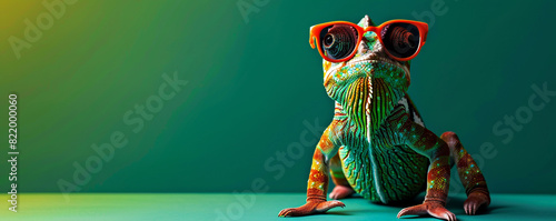 colorful chameleon with sunglasses on green background, banner with copy space area, copy text place background, full body, 3d rendering 