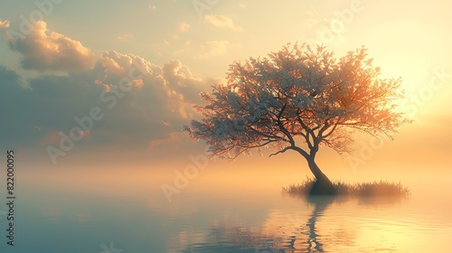 A beautiful and serene landscape image of a tree in the middle of a lake