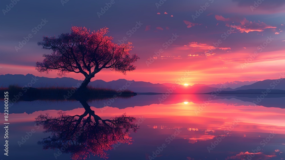A beautiful sunset over a calm lake, with a tree in the foreground and mountains in the distance